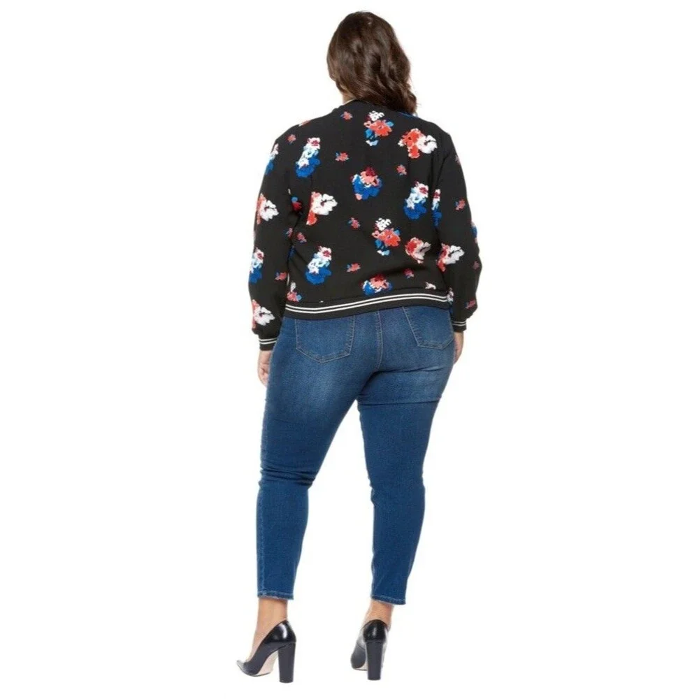 Vince Camuto 3X Plus Size Floral Bomber Jacket Black Zip Front Women’s